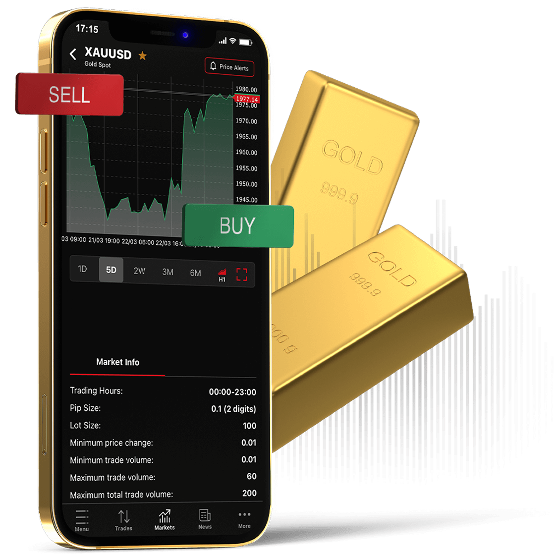 XAU/USD trading app screen next to gold bars